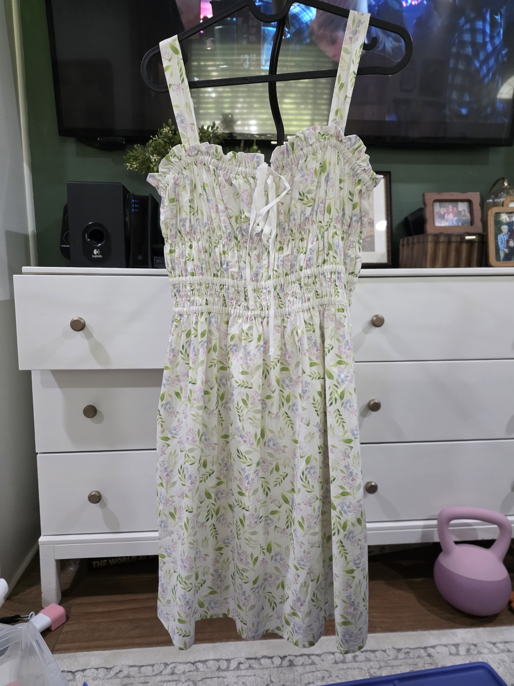 Wishlist White Smocked Dress with Green & Lavender Floral Accents